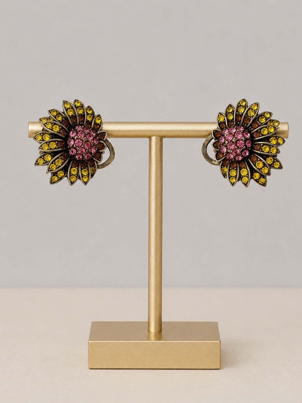 Heidi Daus Sunburst Floral Crystal Stud Earrings in Pink and Yellow